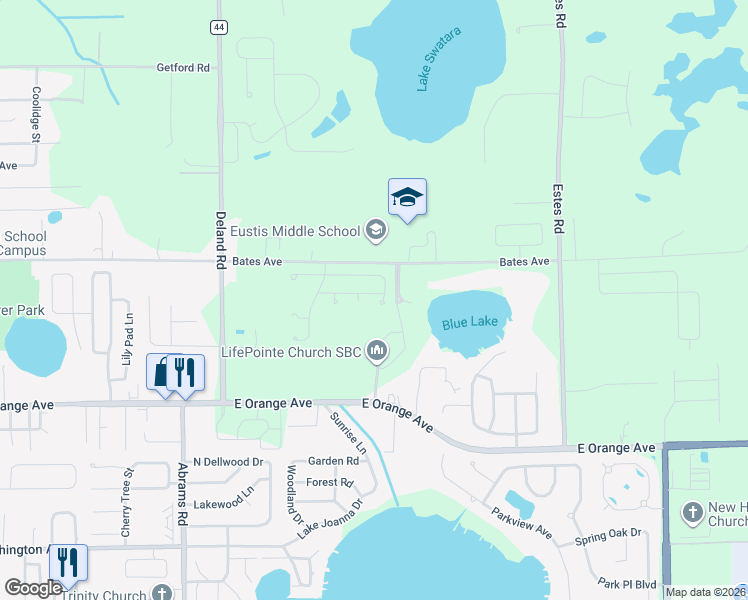 map of restaurants, bars, coffee shops, grocery stores, and more near 3509 Oak Brook Lane in Eustis
