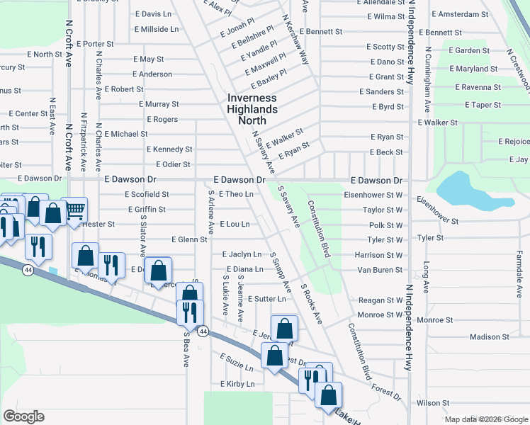 map of restaurants, bars, coffee shops, grocery stores, and more near 150 South Rooks Avenue in Inverness