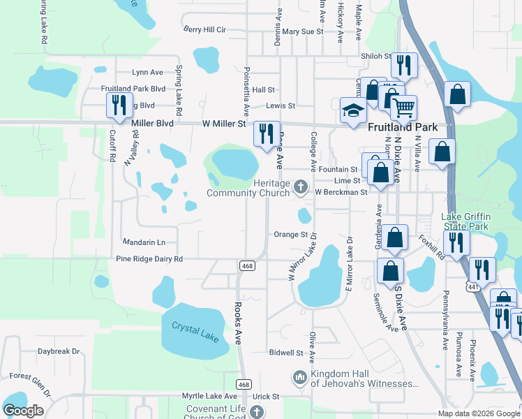 map of restaurants, bars, coffee shops, grocery stores, and more near 108 Willard Avenue in Fruitland Park