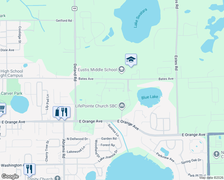 map of restaurants, bars, coffee shops, grocery stores, and more near 401 Split Oak Court in Eustis