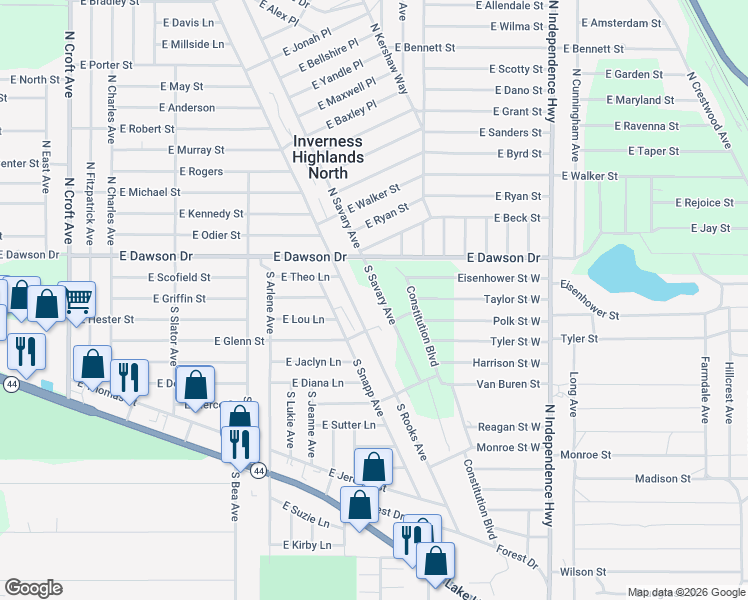 map of restaurants, bars, coffee shops, grocery stores, and more near 122 South Savary Avenue in Inverness