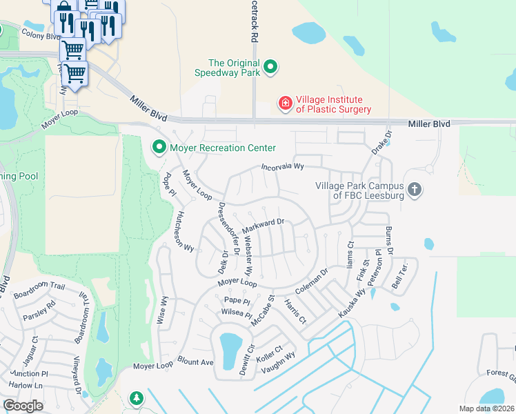 map of restaurants, bars, coffee shops, grocery stores, and more near 3142 Kranz Avenue in The Villages