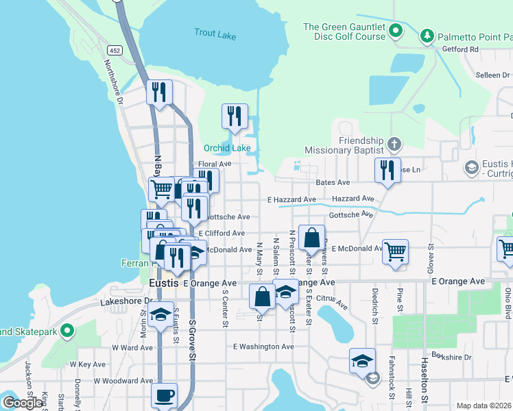 map of restaurants, bars, coffee shops, grocery stores, and more near 508 East Hazzard Avenue in Eustis