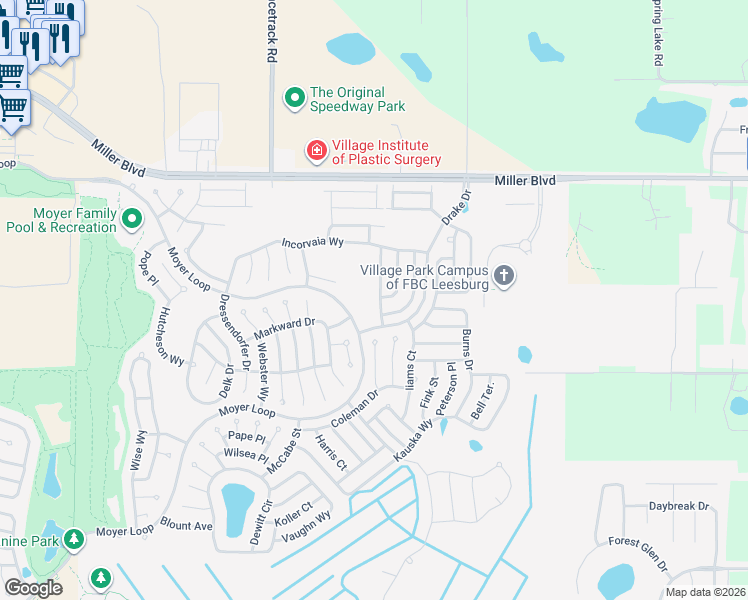 map of restaurants, bars, coffee shops, grocery stores, and more near 3140 Combs Court in The Villages
