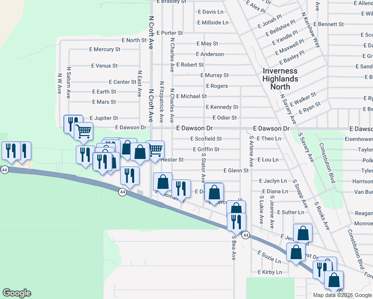 map of restaurants, bars, coffee shops, grocery stores, and more near 3098 East Griffin Street in Inverness