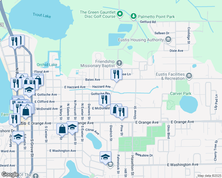 map of restaurants, bars, coffee shops, grocery stores, and more near 432 Palmetto Street in Eustis