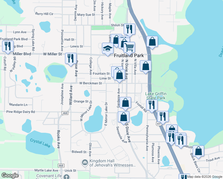 map of restaurants, bars, coffee shops, grocery stores, and more near 208 Railroad Street in Fruitland Park