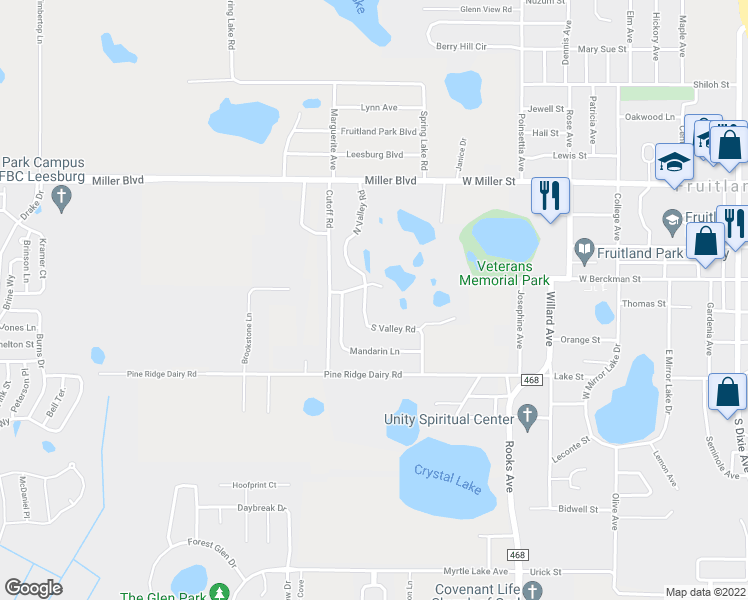 map of restaurants, bars, coffee shops, grocery stores, and more near 107 South Valley Road in Fruitland Park
