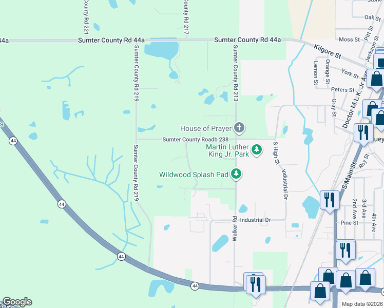 map of restaurants, bars, coffee shops, grocery stores, and more near 6917 County Road 215 in Wildwood