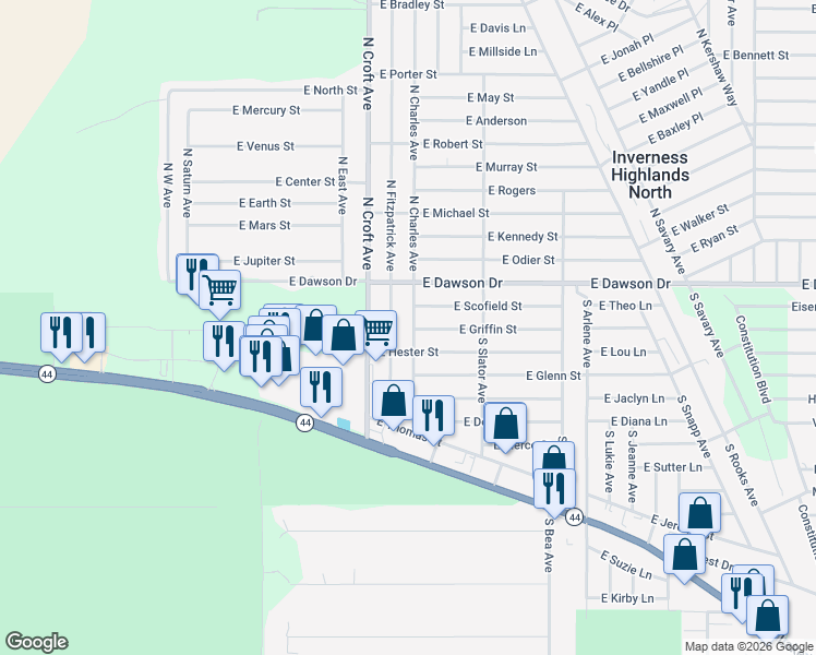 map of restaurants, bars, coffee shops, grocery stores, and more near 122 South Charles Avenue in Inverness