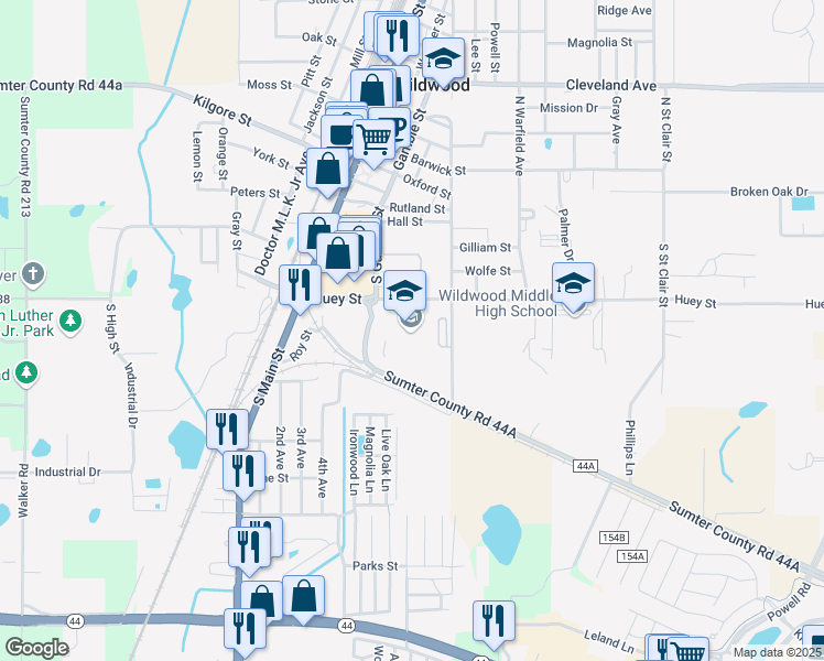 map of restaurants, bars, coffee shops, grocery stores, and more near 300 Huey Street in Wildwood