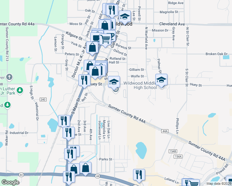 map of restaurants, bars, coffee shops, grocery stores, and more near 300 Huey Street in Wildwood