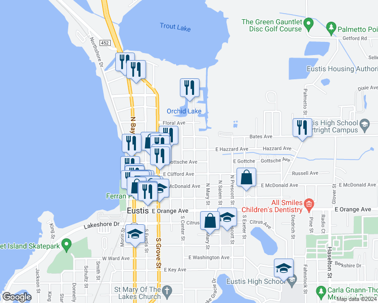 map of restaurants, bars, coffee shops, grocery stores, and more near 410 Hazzard Avenue in Eustis