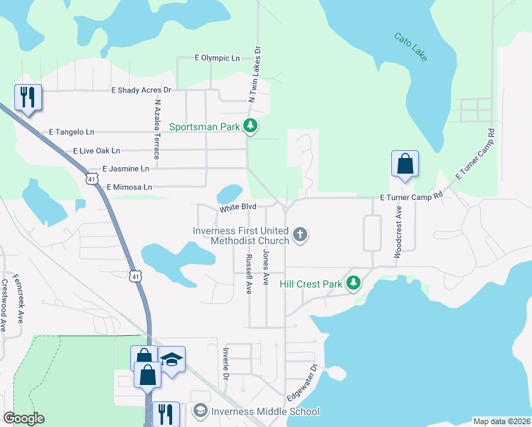 map of restaurants, bars, coffee shops, grocery stores, and more near 1205 Jones Avenue in Inverness
