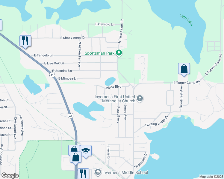 map of restaurants, bars, coffee shops, grocery stores, and more near 701 White Boulevard in Inverness
