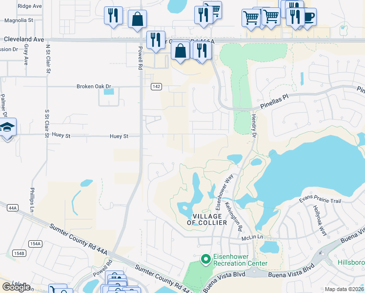 map of restaurants, bars, coffee shops, grocery stores, and more near 5231 County Road 144 in Wildwood