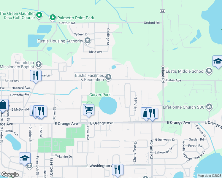 map of restaurants, bars, coffee shops, grocery stores, and more near 606 Dorothy Circle in Eustis