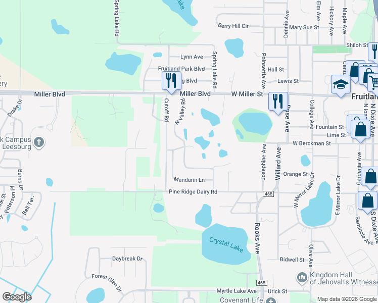 map of restaurants, bars, coffee shops, grocery stores, and more near 107 South Valley Road in Fruitland Park