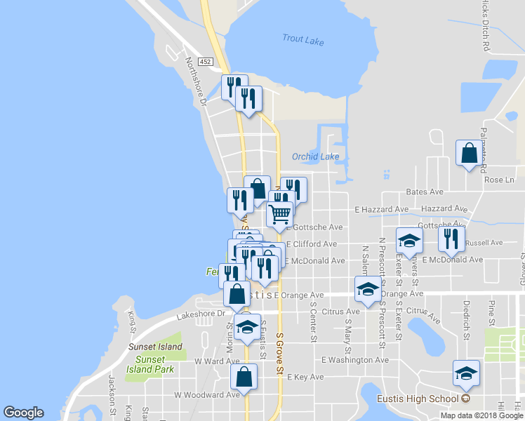 map of restaurants, bars, coffee shops, grocery stores, and more near 500 North Eustis Street in Eustis