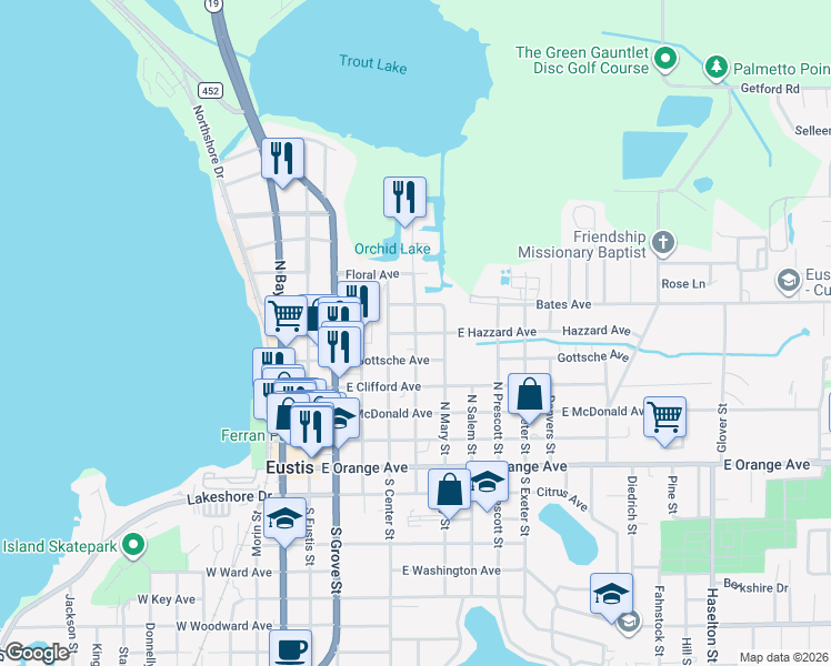 map of restaurants, bars, coffee shops, grocery stores, and more near 498 Hazzard Avenue in Eustis