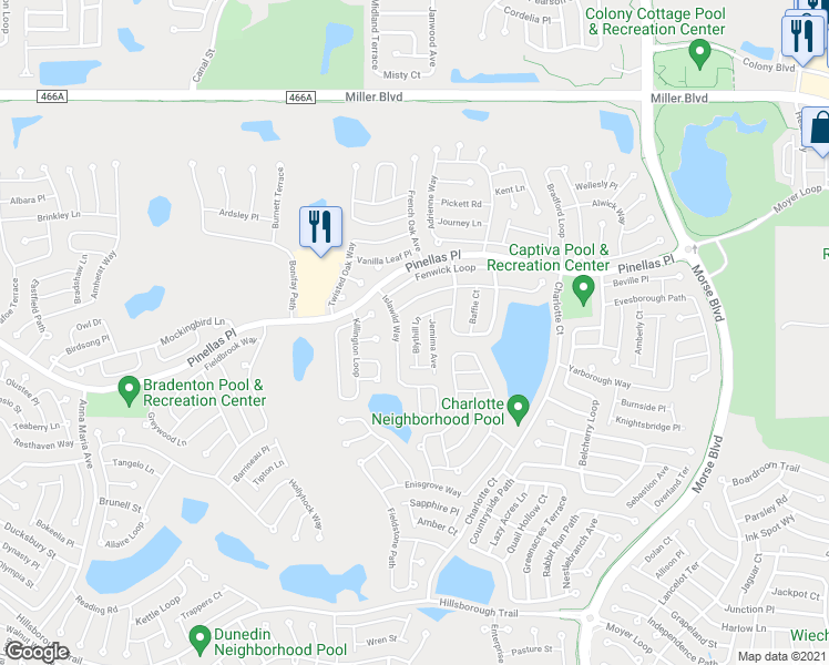 map of restaurants, bars, coffee shops, grocery stores, and more near Blythill Lane in Wildwood