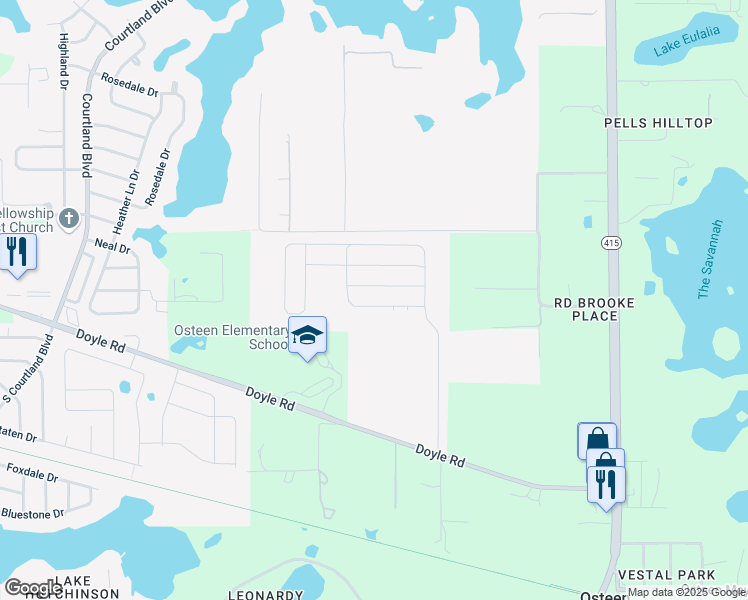map of restaurants, bars, coffee shops, grocery stores, and more near 325 Collins Road in Osteen