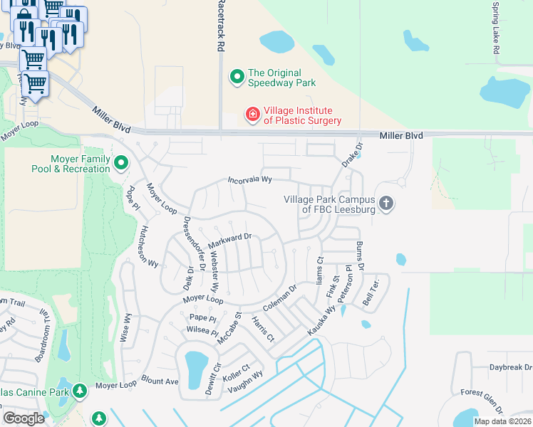 map of restaurants, bars, coffee shops, grocery stores, and more near 898 Privett Drive in The Villages