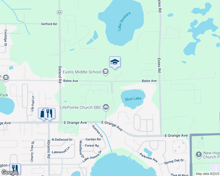 map of restaurants, bars, coffee shops, grocery stores, and more near 3389 Oak Brook Lane in Eustis