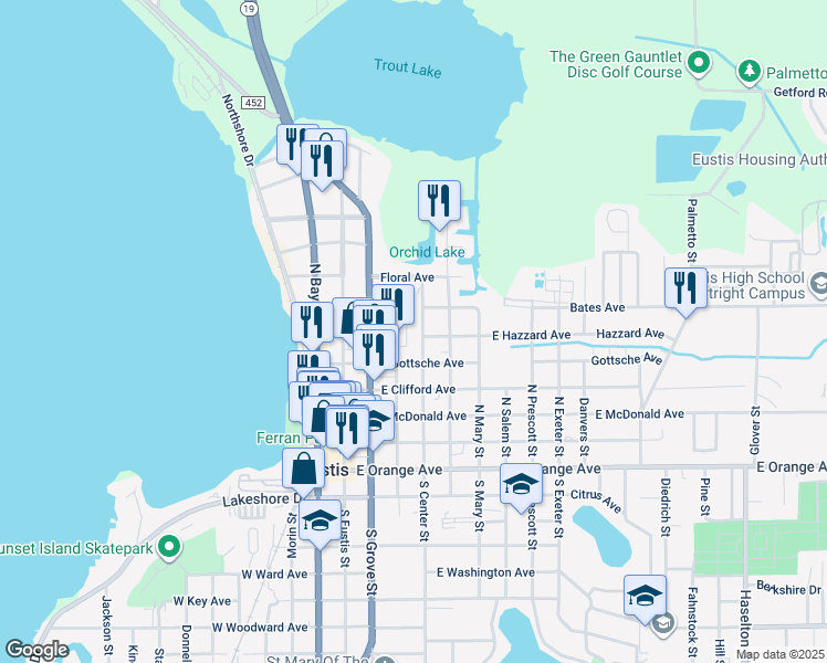 map of restaurants, bars, coffee shops, grocery stores, and more near 500 North Center Street in Eustis