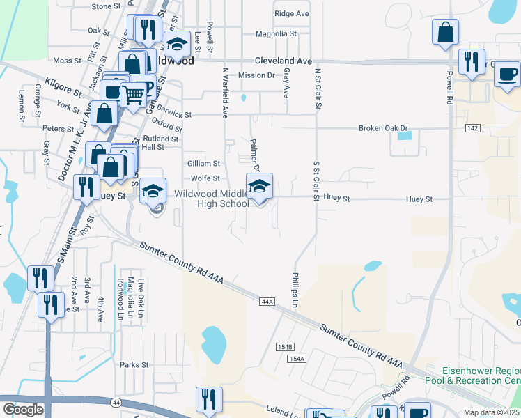 map of restaurants, bars, coffee shops, grocery stores, and more near 700 Huey Street in Wildwood