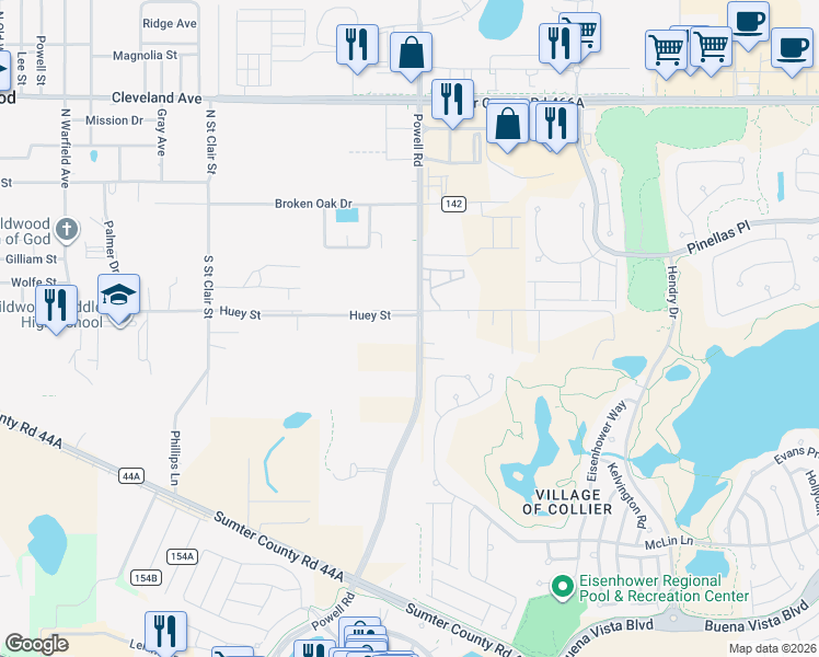 map of restaurants, bars, coffee shops, grocery stores, and more near 6974 Powell Road in Wildwood