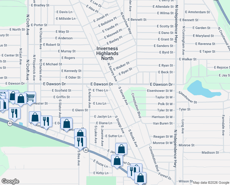 map of restaurants, bars, coffee shops, grocery stores, and more near 150 South Rooks Avenue in Inverness