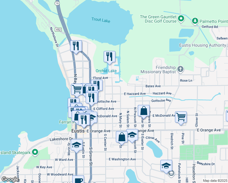 map of restaurants, bars, coffee shops, grocery stores, and more near 410 East Hazzard Avenue in Eustis
