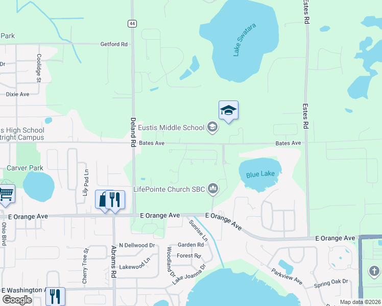 map of restaurants, bars, coffee shops, grocery stores, and more near 401 Split Oak Court in Eustis