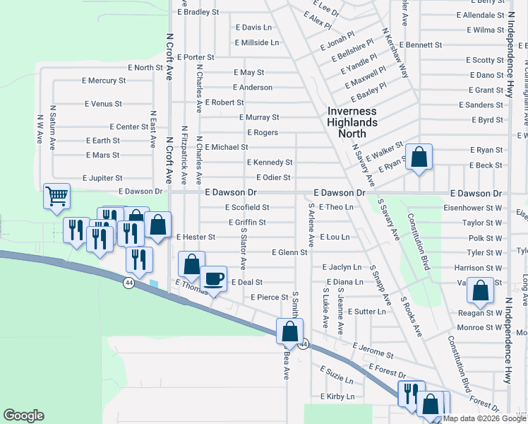 map of restaurants, bars, coffee shops, grocery stores, and more near 3274 East Griffin Street in Inverness