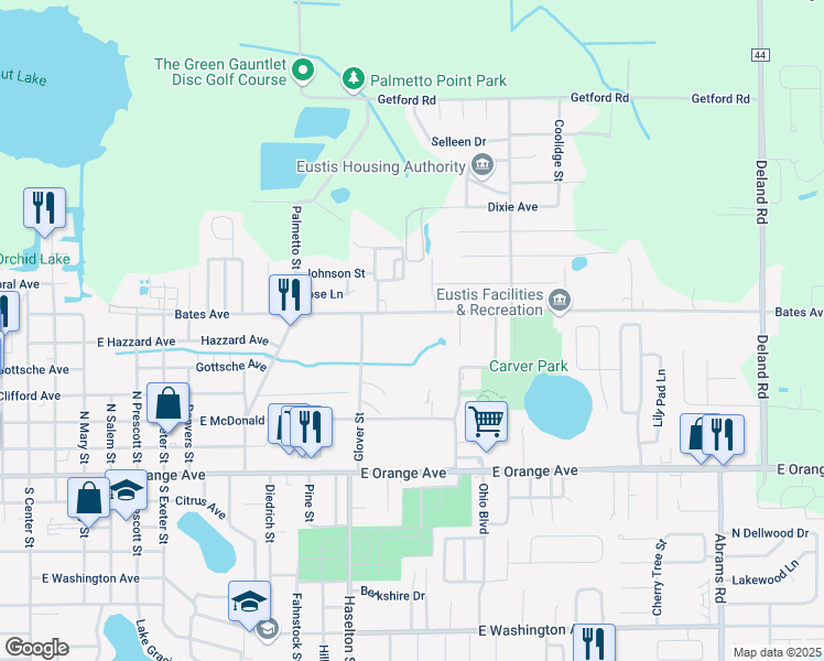 map of restaurants, bars, coffee shops, grocery stores, and more near 1925 East McDonald Avenue in Eustis