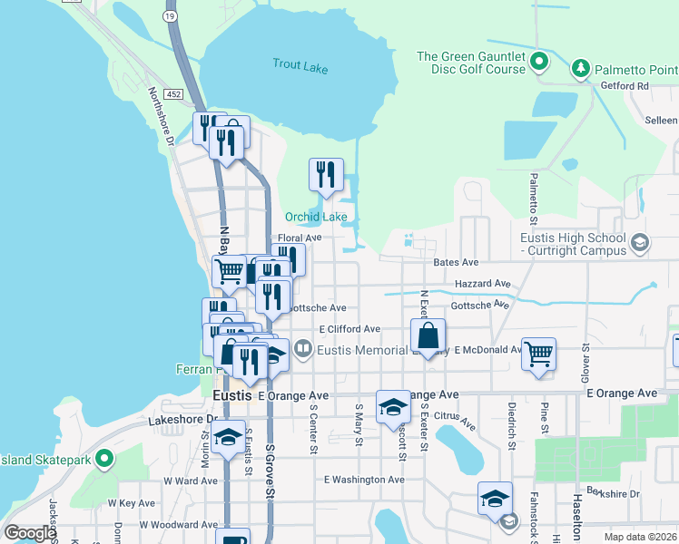 map of restaurants, bars, coffee shops, grocery stores, and more near 531 North Hawley Street in Eustis