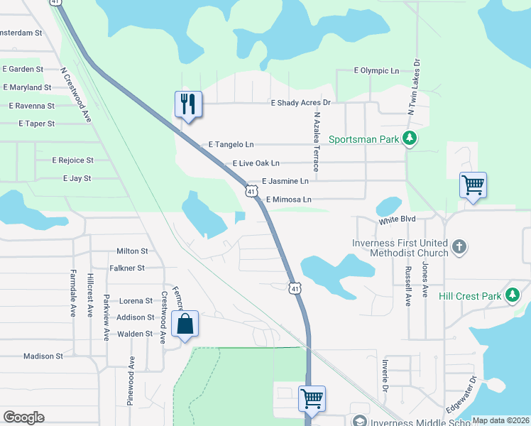 map of restaurants, bars, coffee shops, grocery stores, and more near 2645 Florida 45 in Inverness