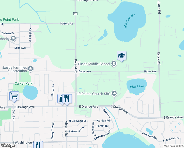 map of restaurants, bars, coffee shops, grocery stores, and more near 3113 Oak Brook Lane in Eustis