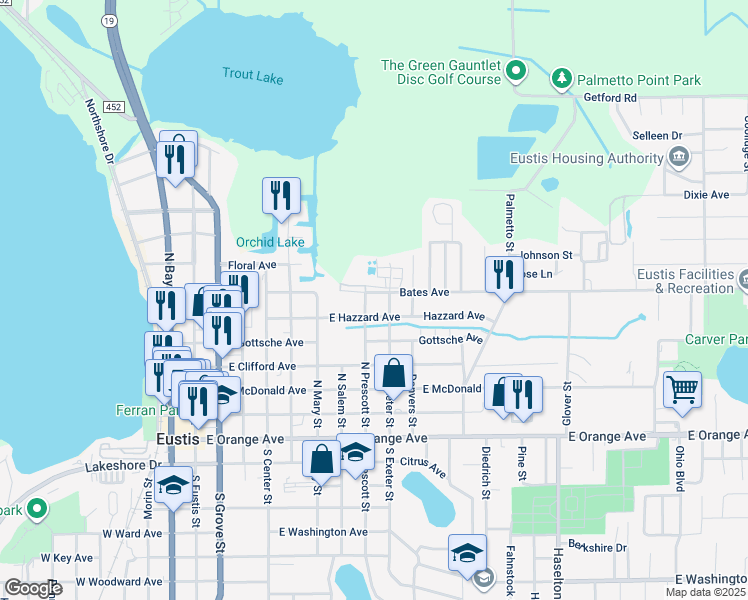 map of restaurants, bars, coffee shops, grocery stores, and more near 800 Bates Avenue in Eustis