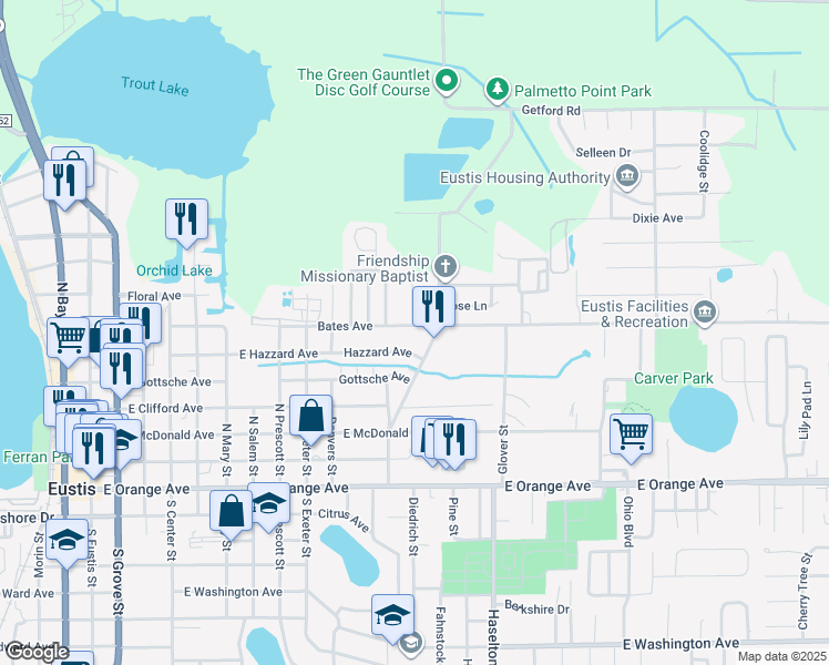 map of restaurants, bars, coffee shops, grocery stores, and more near 1304 Bates Avenue in Eustis