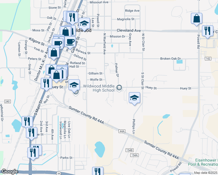 map of restaurants, bars, coffee shops, grocery stores, and more near 616 Huey Street in Wildwood