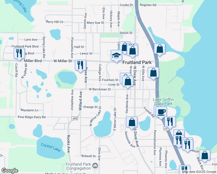 map of restaurants, bars, coffee shops, grocery stores, and more near 310 West Berckman Street in Fruitland Park