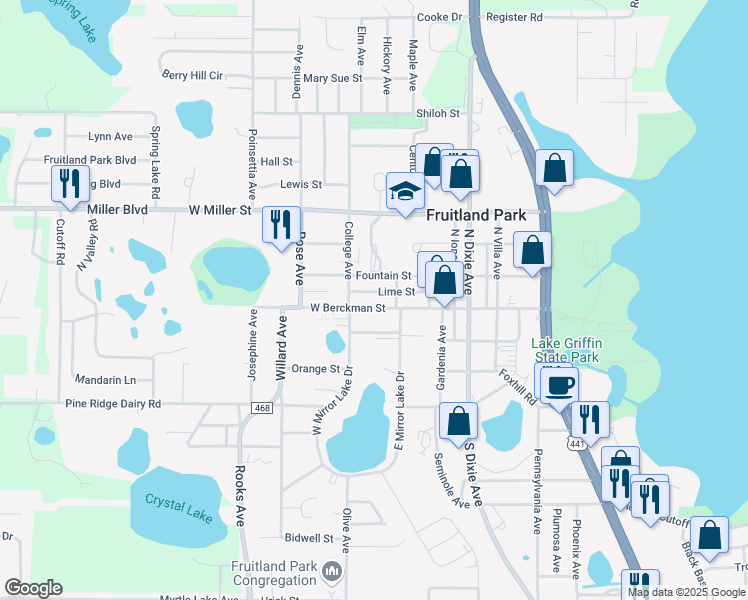 map of restaurants, bars, coffee shops, grocery stores, and more near 310 West Berckman Street in Fruitland Park