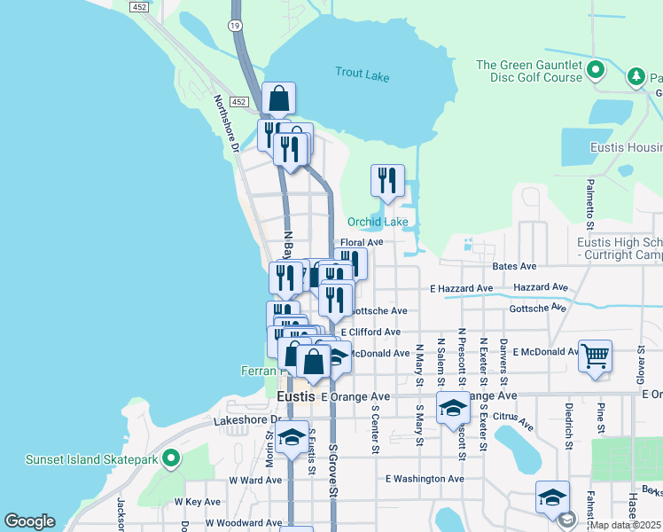 map of restaurants, bars, coffee shops, grocery stores, and more near 399 Bates Avenue in Eustis
