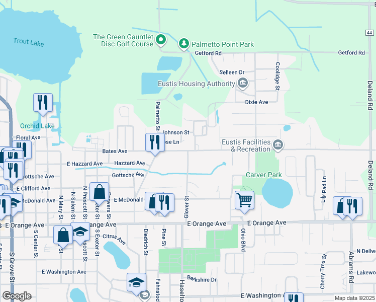 map of restaurants, bars, coffee shops, grocery stores, and more near 105 Glover Street in Eustis