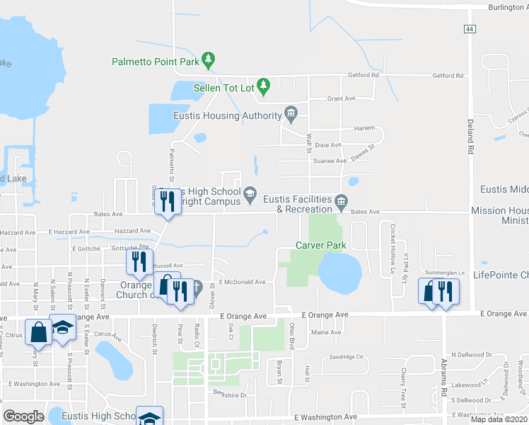 map of restaurants, bars, coffee shops, grocery stores, and more near Bates Avenue in Eustis