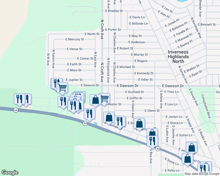 map of restaurants, bars, coffee shops, grocery stores, and more near 14 South Charles Avenue in Inverness