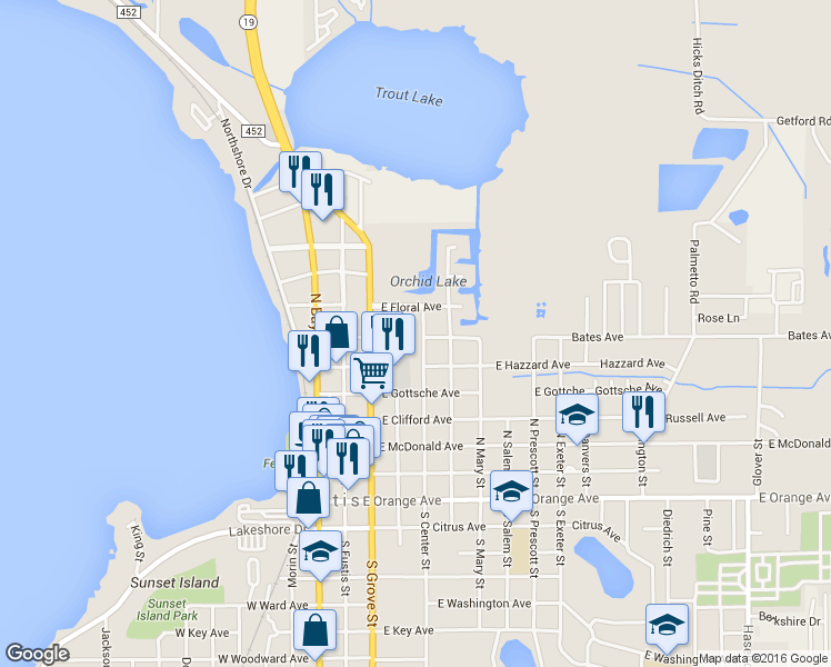 map of restaurants, bars, coffee shops, grocery stores, and more near 600 North Center Street in Eustis