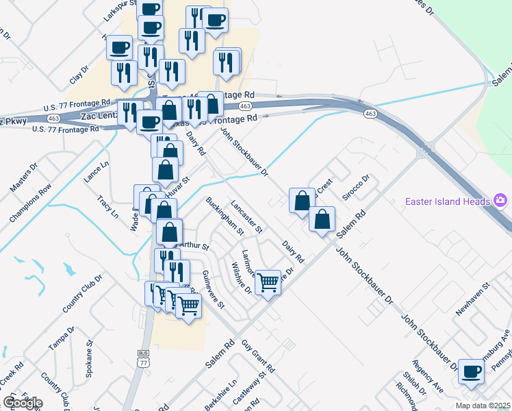 map of restaurants, bars, coffee shops, grocery stores, and more near 5301 John Stockbauer Drive in Victoria